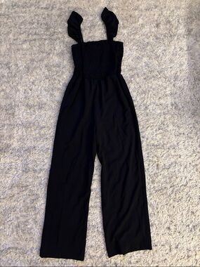 Black Smocked Wide-Leg Jumpsuit with Ruffle Straps